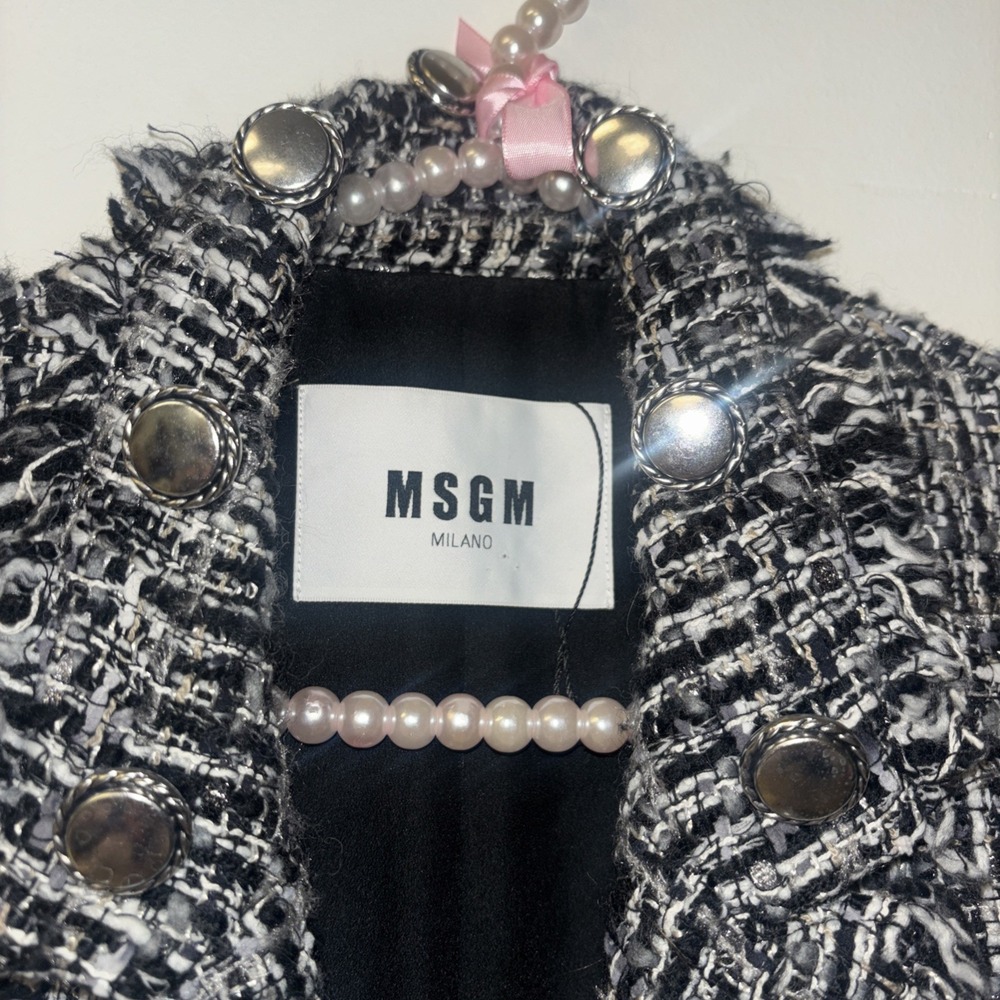 MSGM Milano Black White Tweed Boucle Fringe Blazer Jacket IT 46 US 10 2341MDG03 - Picture 3 of 8